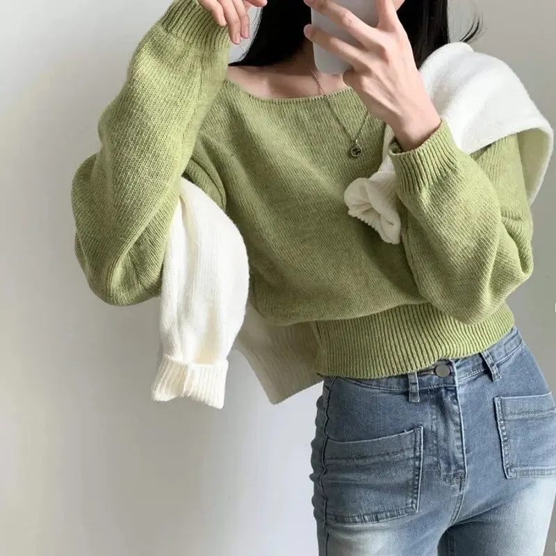 Waist-tight Hem Long Sleeve Pullover Short Sweater