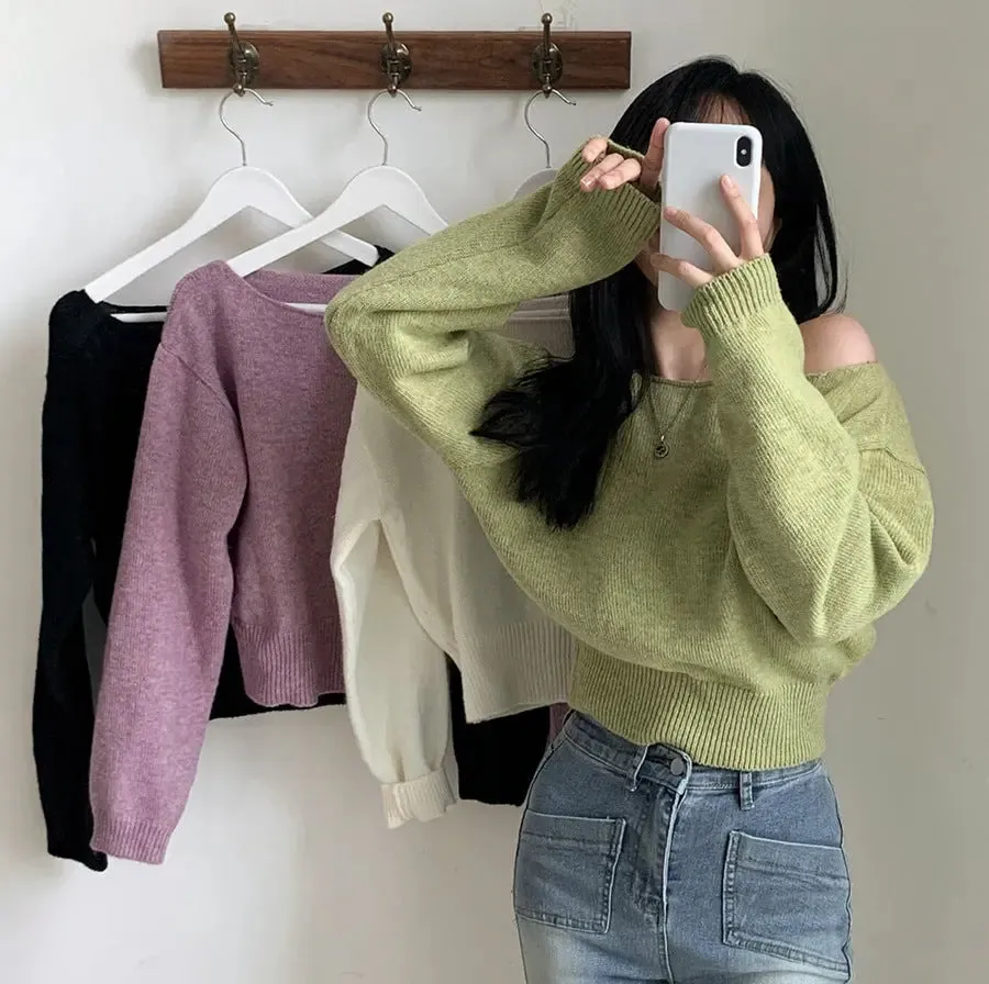 Waist-tight Hem Long Sleeve Pullover Short Sweater