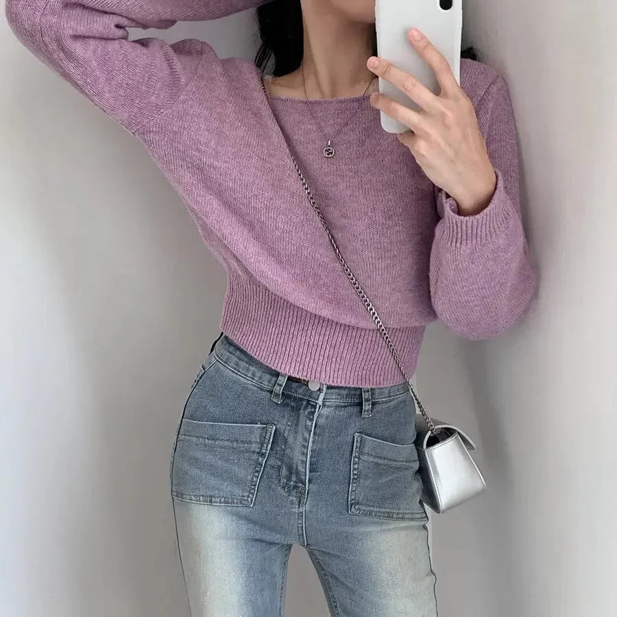 Waist-tight Hem Long Sleeve Pullover Short Sweater