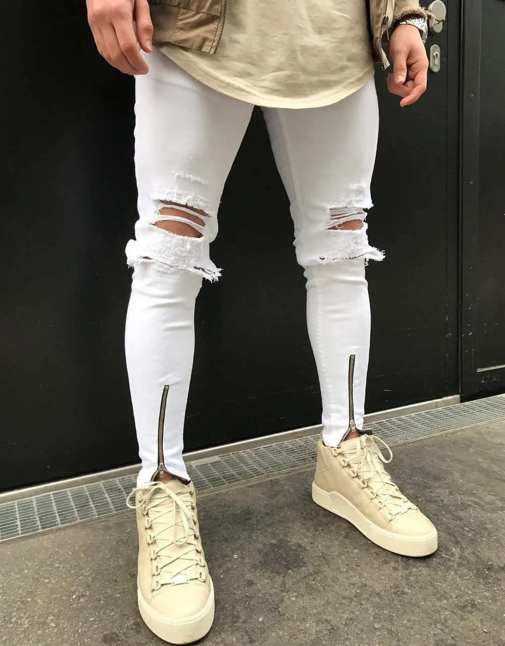 White Skinny Knee Ripped Ankle Zipper Jeans