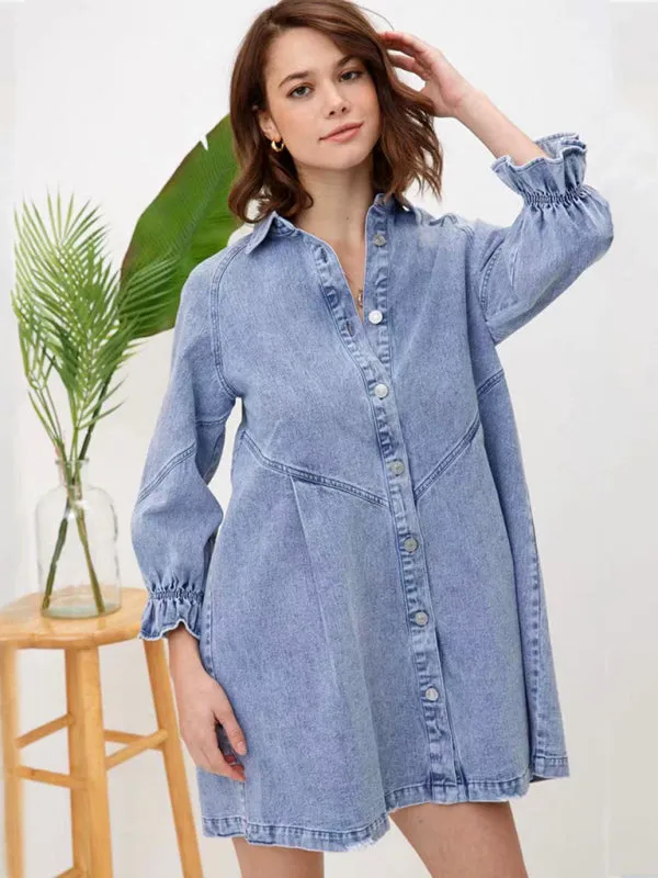 Women's Casual Loose Denim Balloon Sleeve Long Sleeve Dress