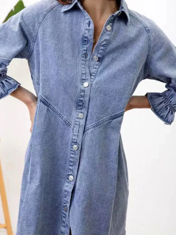 Women's Casual Loose Denim Balloon Sleeve Long Sleeve Dress