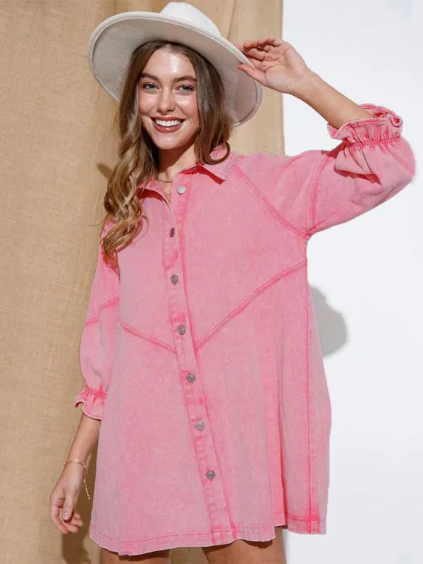 Women's Casual Loose Denim Balloon Sleeve Long Sleeve Dress