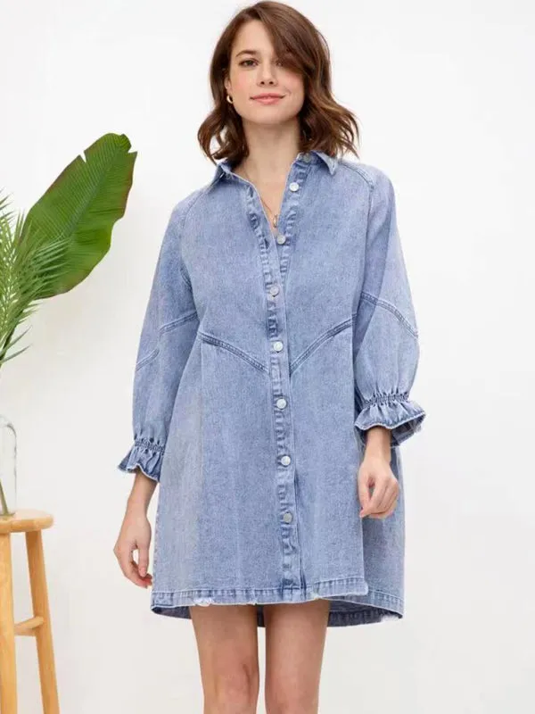 Women's Casual Loose Denim Balloon Sleeve Long Sleeve Dress