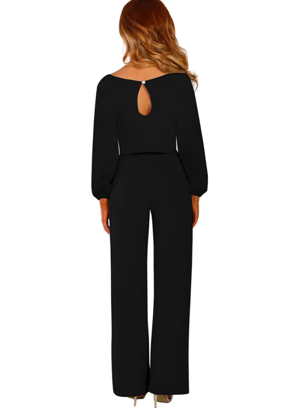 Women's Crewneck Long Puff Sleeve Waist Tie Jumpsuit