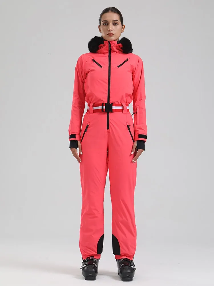 Women's Gsou Snow Alpine Faux-Fur Hood Slim Retro Ski Jumpsuit