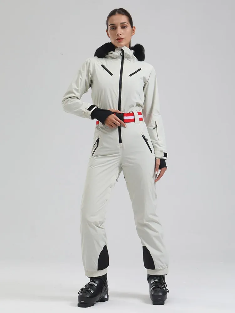 Women's Gsou Snow Alpine Faux-Fur Hood Slim Retro Ski Jumpsuit