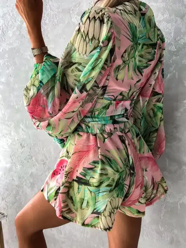 Women’s Woven Floral Long-Sleeved Shorts V-Neck Tropical Rainforest Jumpsuit