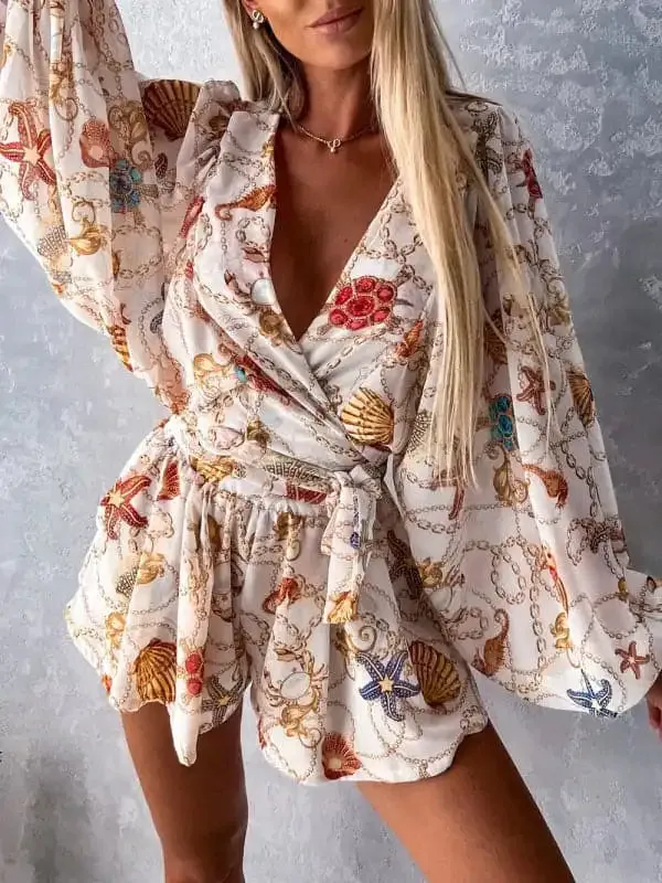 Women’s Woven Floral Long-Sleeved Shorts V-Neck Tropical Rainforest Jumpsuit