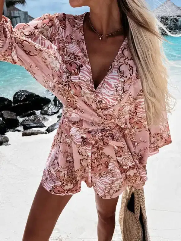 Women’s Woven Floral Long-Sleeved Shorts V-Neck Tropical Rainforest Jumpsuit