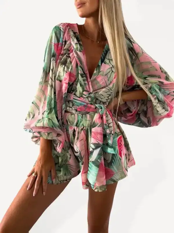 Women’s Woven Floral Long-Sleeved Shorts V-Neck Tropical Rainforest Jumpsuit